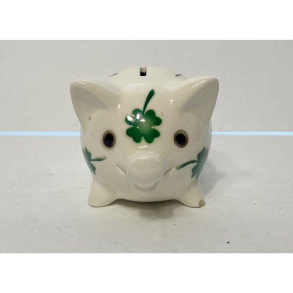 Goebel Germany White Ceramic Piggy Bank With Shamrock Design & Glass Eyes NO KEY - Picture 2 of 9